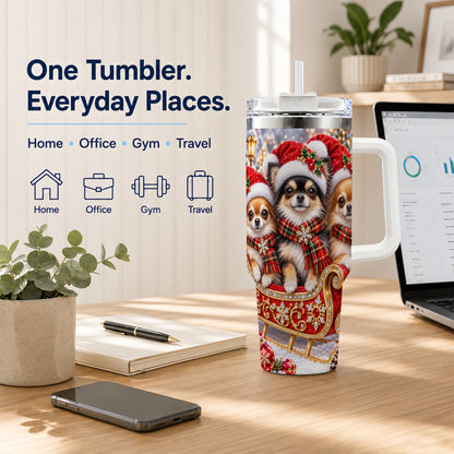 #pl[40oz|White] Christmas Chihuahua 40oz Tumbler, Sleigh Dog Stainless Steel Travel Cup