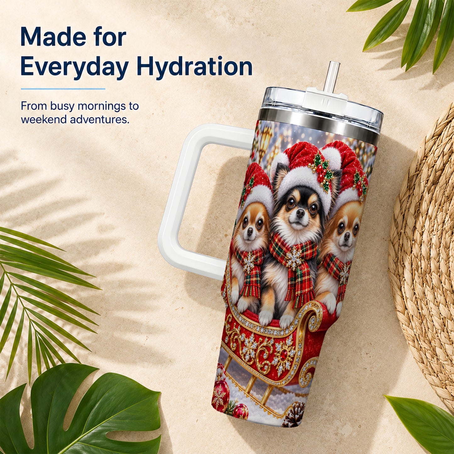 #pl[40oz|White] Christmas Chihuahua 40oz Tumbler, Sleigh Dog Stainless Steel Travel Cup
