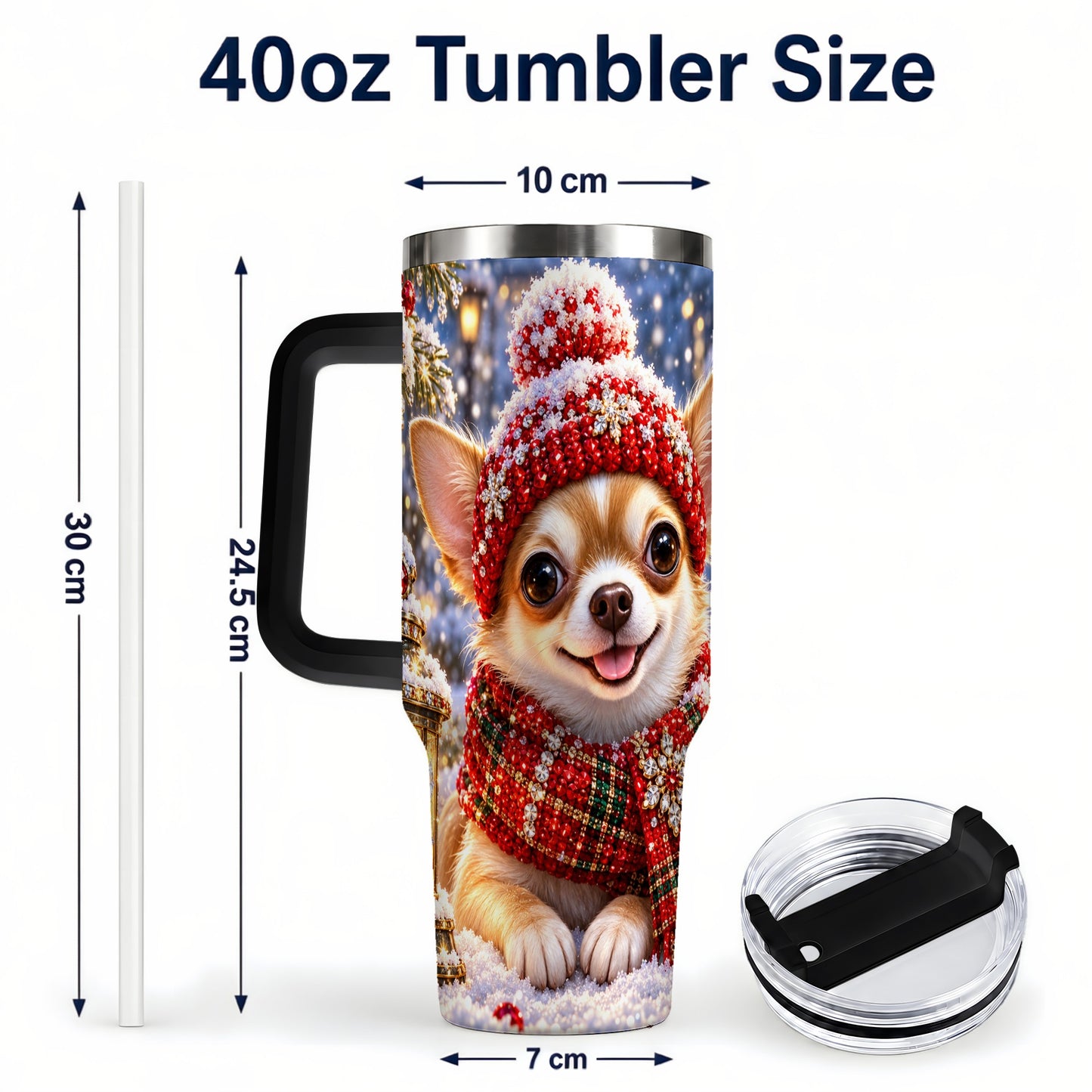 #pl[40oz|Black] Christmas Chihuahua 40oz Tumbler, Winter Dog Stainless Steel Travel Cup