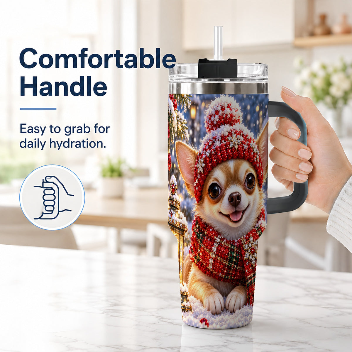#pl[40oz|Black] Christmas Chihuahua 40oz Tumbler, Winter Dog Stainless Steel Travel Cup