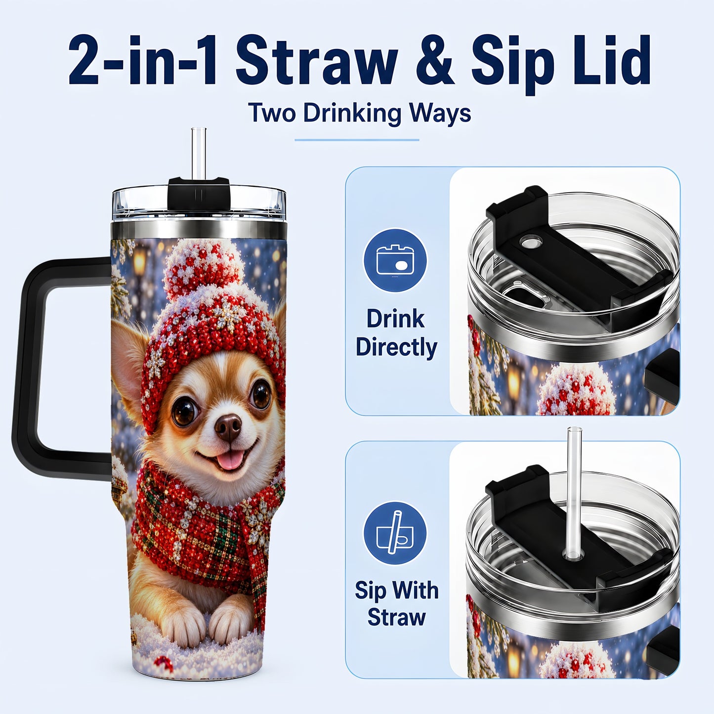 #pl[40oz|Black] Christmas Chihuahua 40oz Tumbler, Winter Dog Stainless Steel Travel Cup