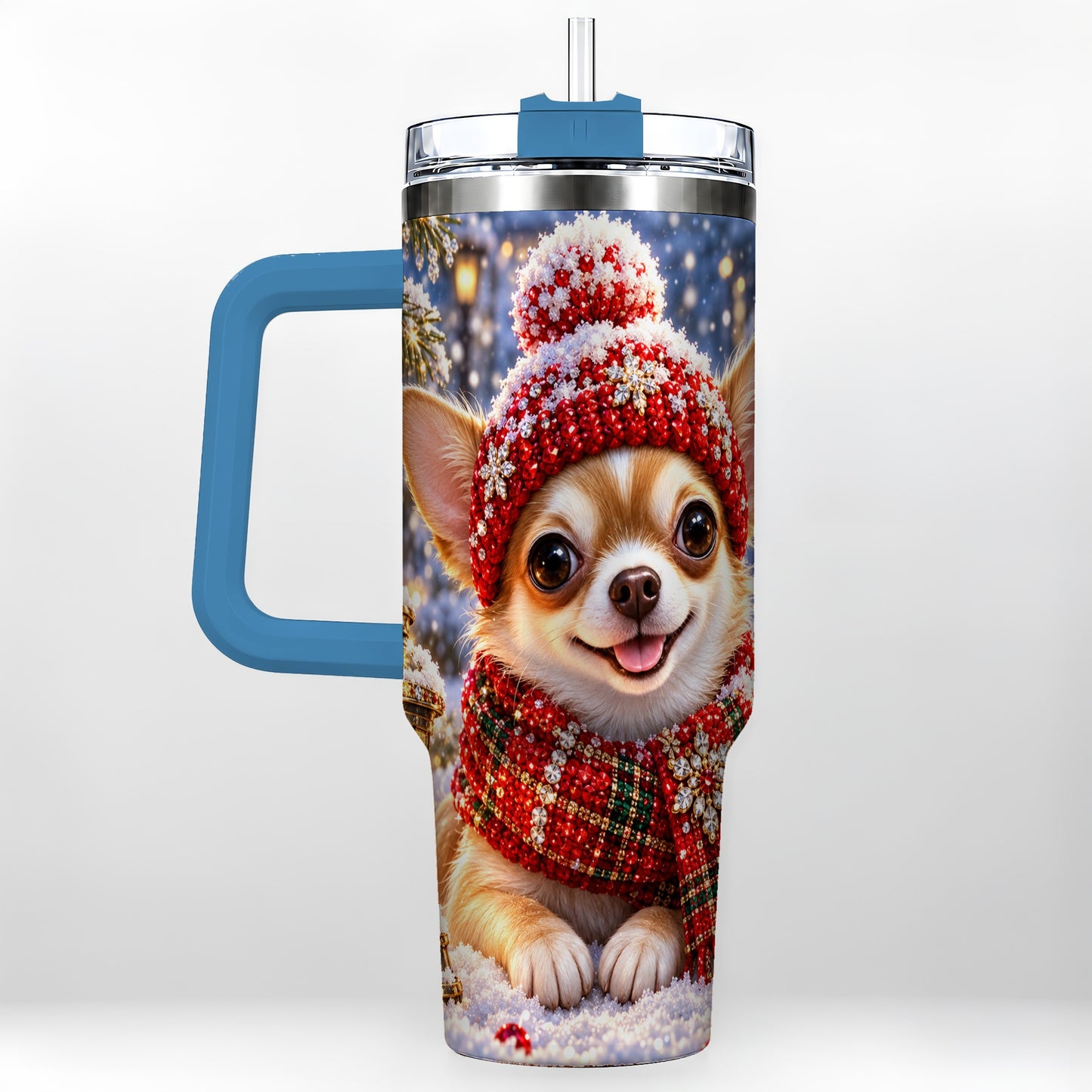 #pl[40oz|Blue] Christmas Chihuahua 40oz Tumbler, Winter Dog Stainless Steel Travel Cup