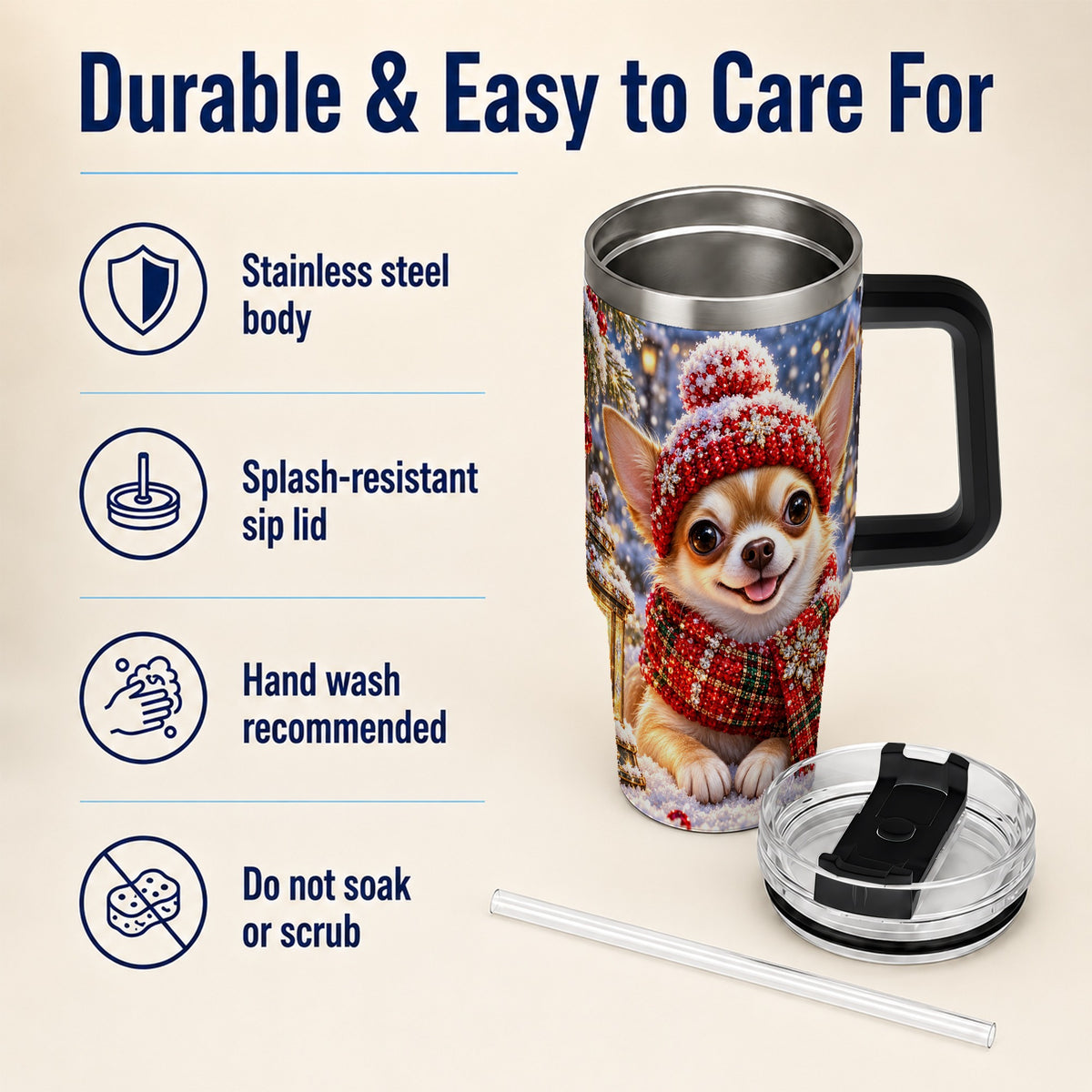 #pl[40oz|Black] Christmas Chihuahua 40oz Tumbler, Winter Dog Stainless Steel Travel Cup