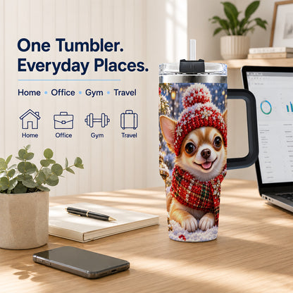 #pl[40oz|Black] Christmas Chihuahua 40oz Tumbler, Winter Dog Stainless Steel Travel Cup