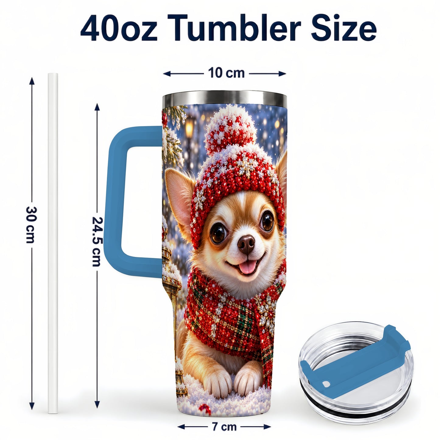 #pl[40oz|Blue] Christmas Chihuahua 40oz Tumbler, Winter Dog Stainless Steel Travel Cup