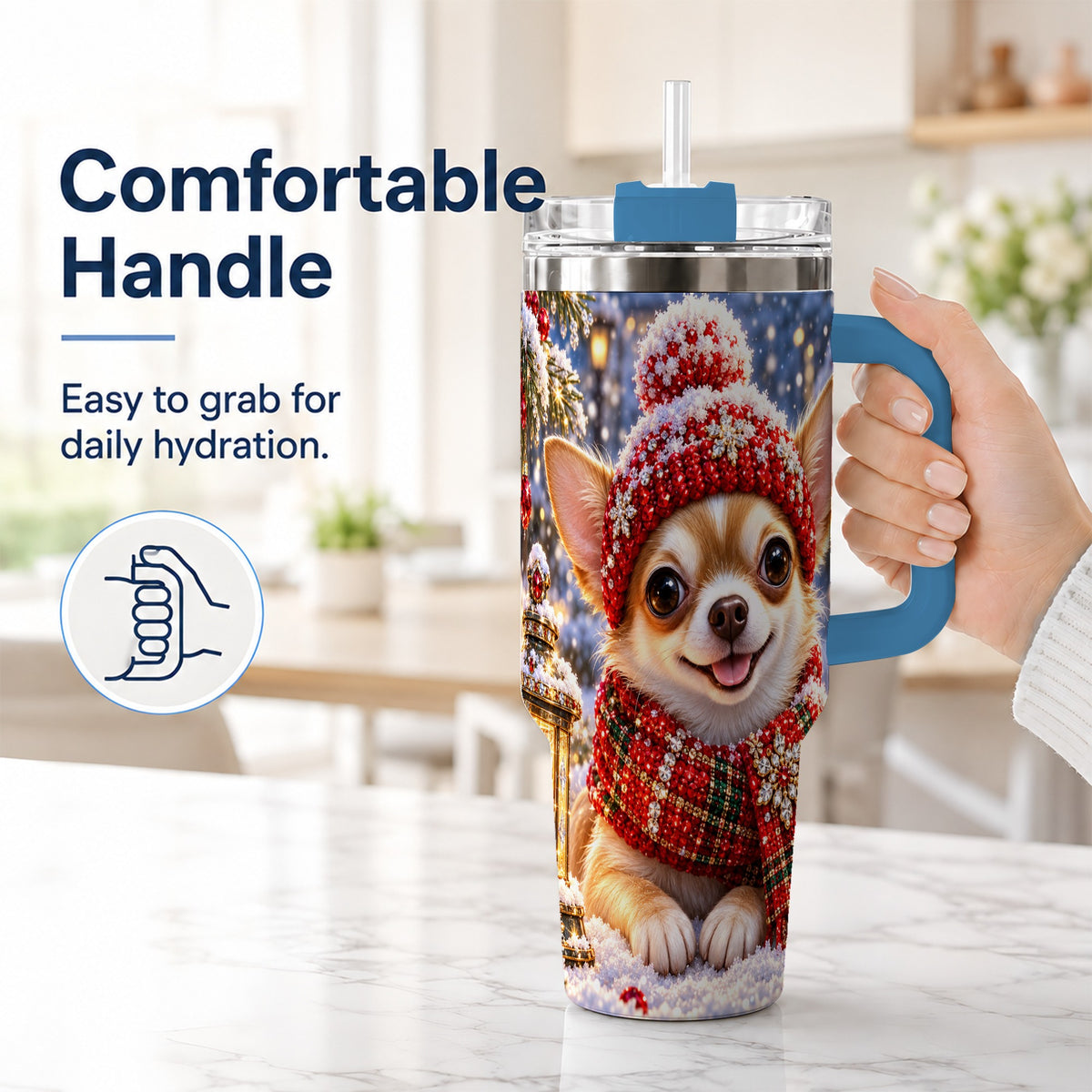 #pl[40oz|Blue] Christmas Chihuahua 40oz Tumbler, Winter Dog Stainless Steel Travel Cup