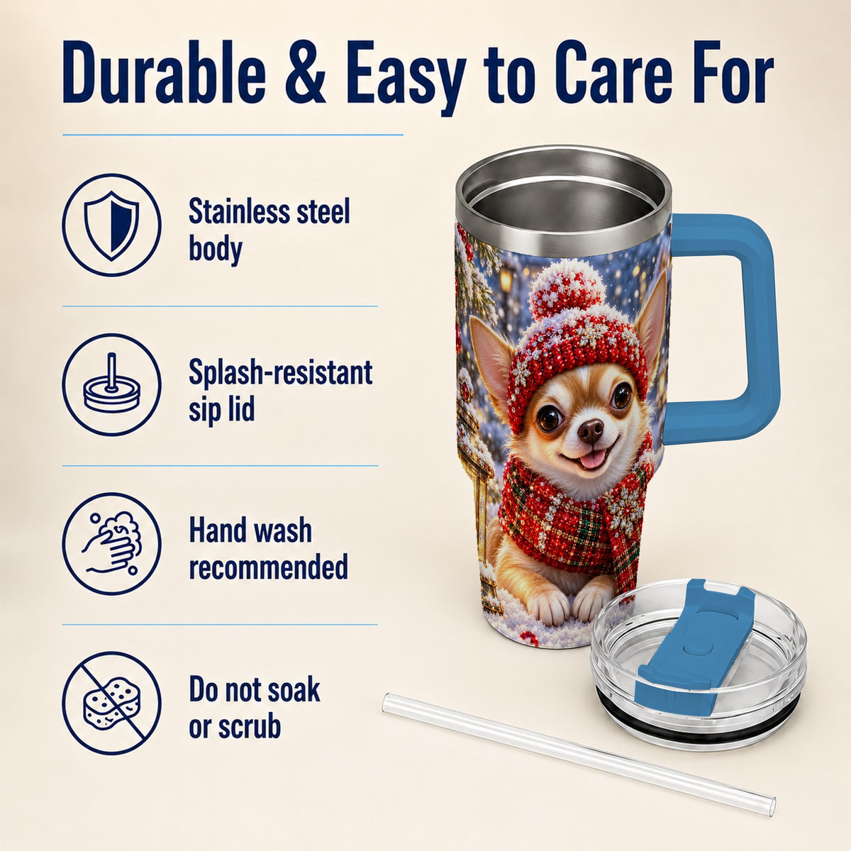 #pl[40oz|Blue] Christmas Chihuahua 40oz Tumbler, Winter Dog Stainless Steel Travel Cup