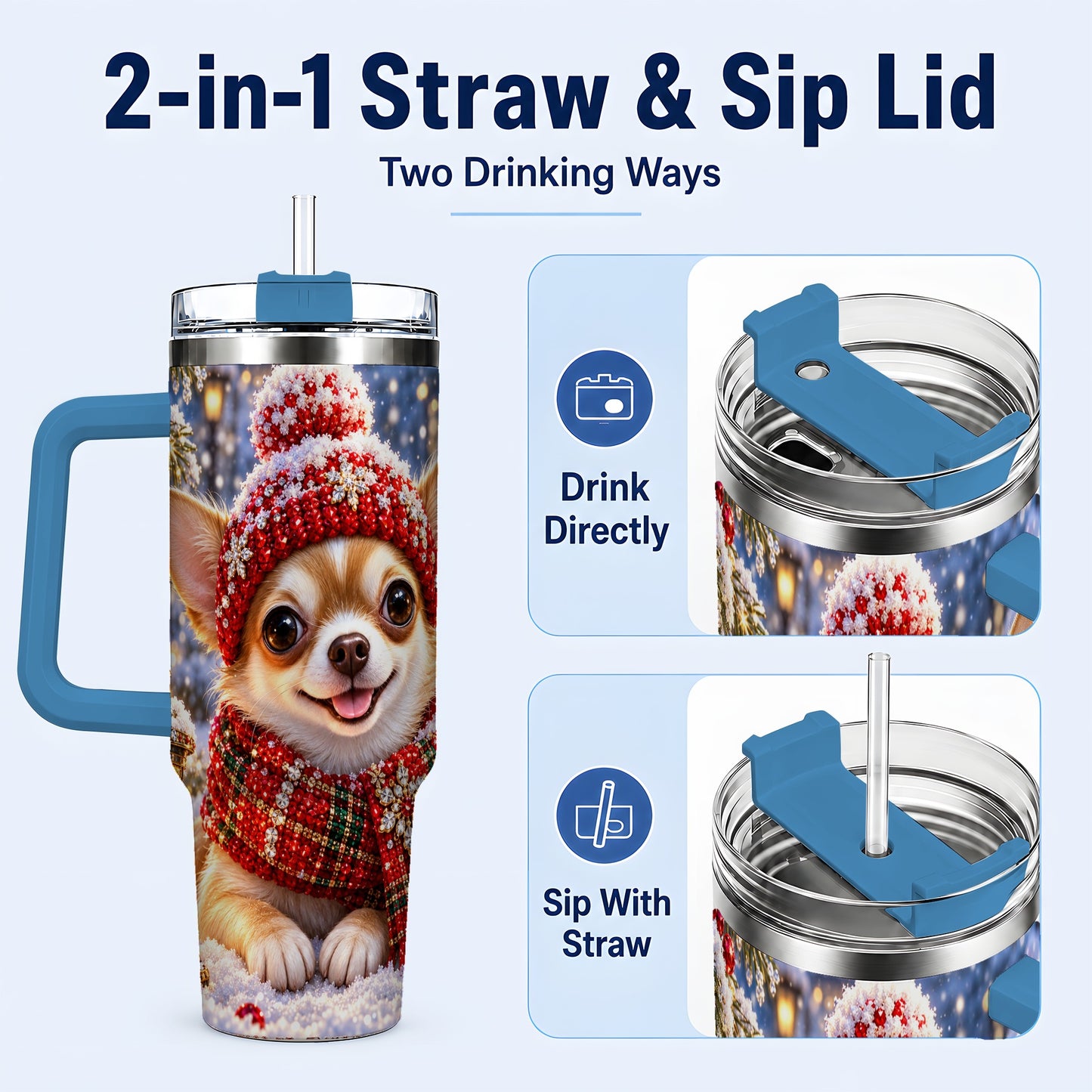 #pl[40oz|Blue] Christmas Chihuahua 40oz Tumbler, Winter Dog Stainless Steel Travel Cup
