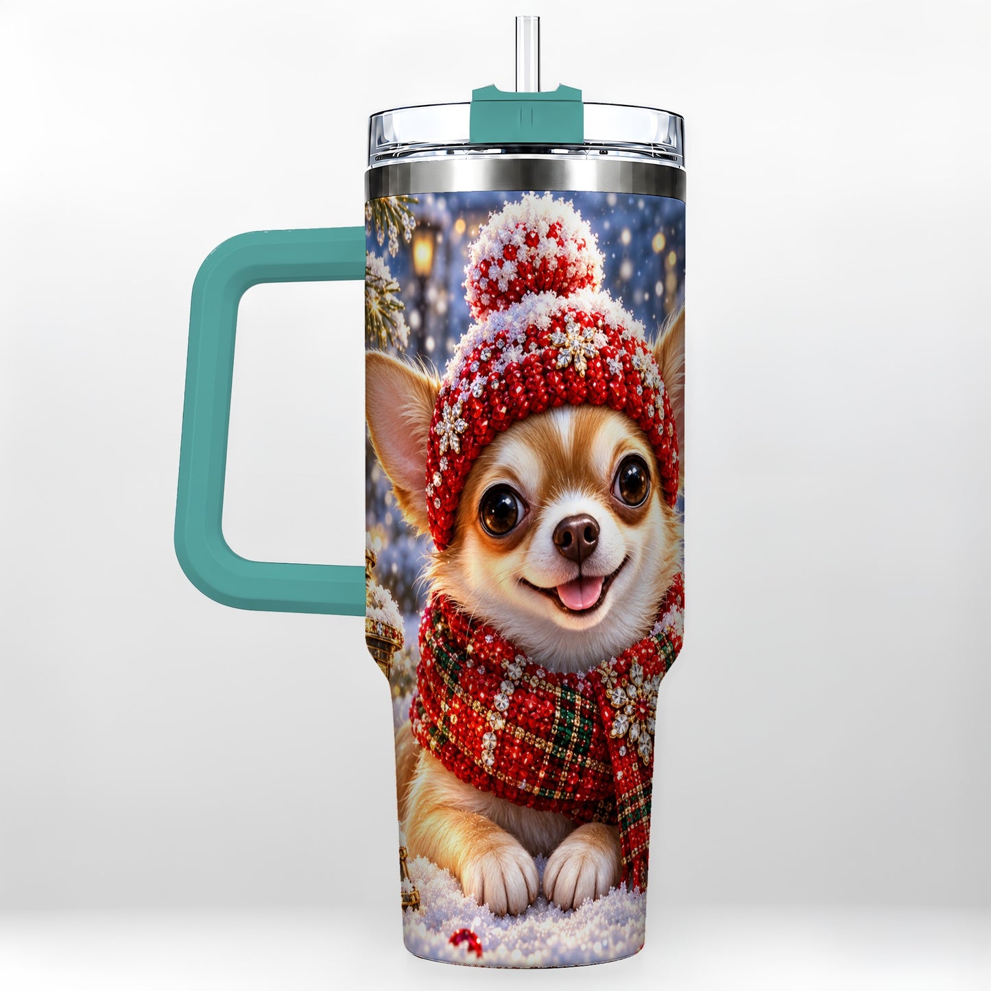 #pl[40oz|Green] Christmas Chihuahua 40oz Tumbler, Winter Dog Stainless Steel Travel Cup