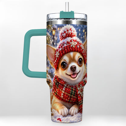 #pl[40oz|Green] Christmas Chihuahua 40oz Tumbler, Winter Dog Stainless Steel Travel Cup