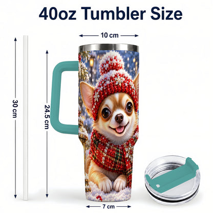 #pl[40oz|Green] Christmas Chihuahua 40oz Tumbler, Winter Dog Stainless Steel Travel Cup