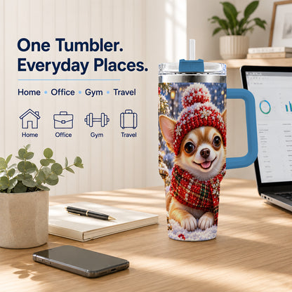 #pl[40oz|Blue] Christmas Chihuahua 40oz Tumbler, Winter Dog Stainless Steel Travel Cup