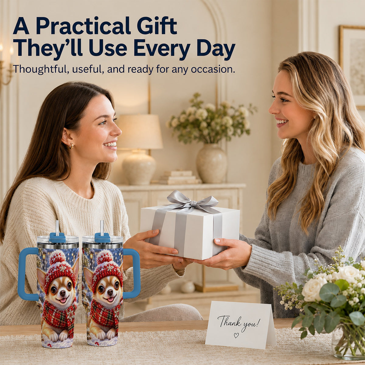 #pl[40oz|Blue] Christmas Chihuahua 40oz Tumbler, Winter Dog Stainless Steel Travel Cup