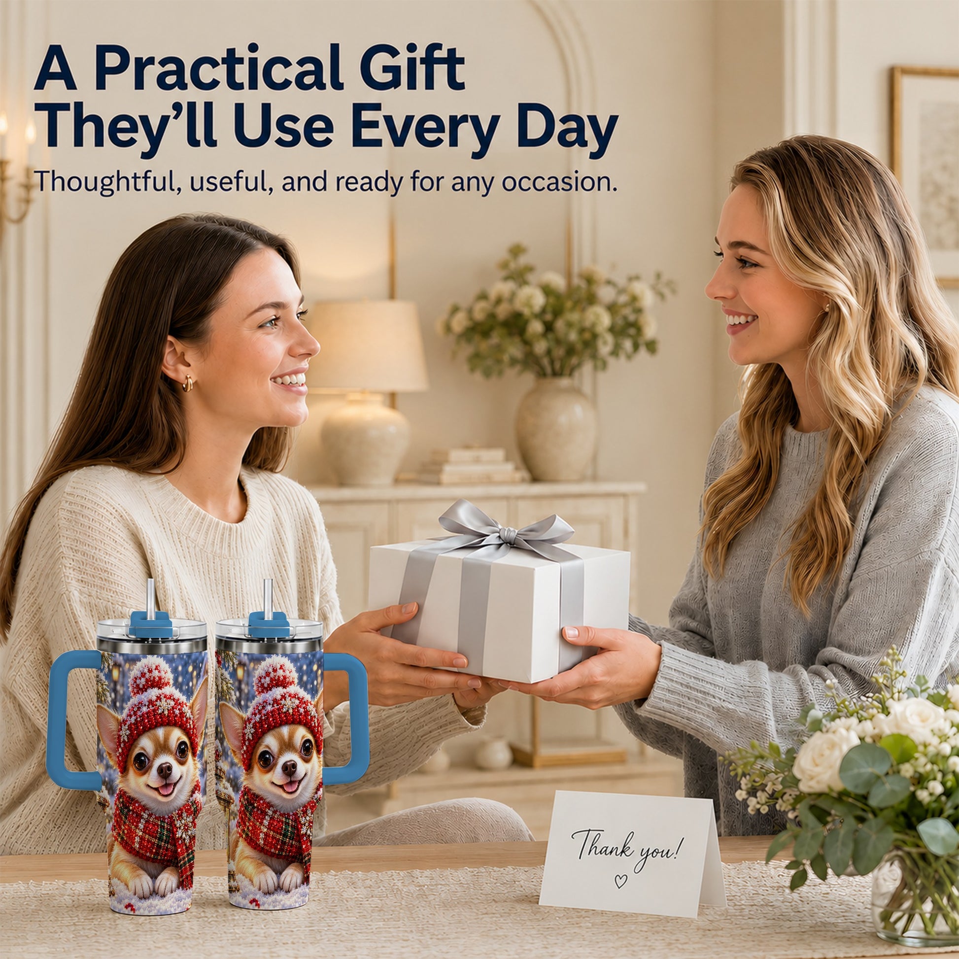 #pl[40oz|Blue] Christmas Chihuahua 40oz Tumbler, Winter Dog Stainless Steel Travel Cup