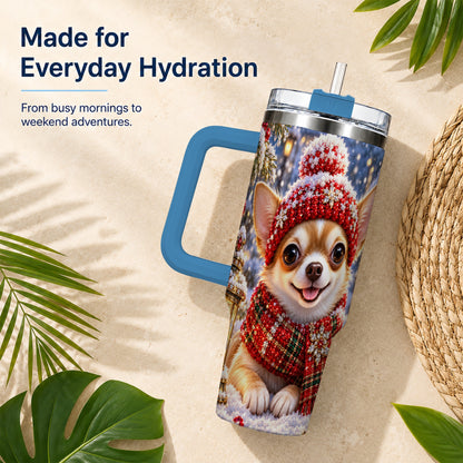 #pl[40oz|Blue] Christmas Chihuahua 40oz Tumbler, Winter Dog Stainless Steel Travel Cup