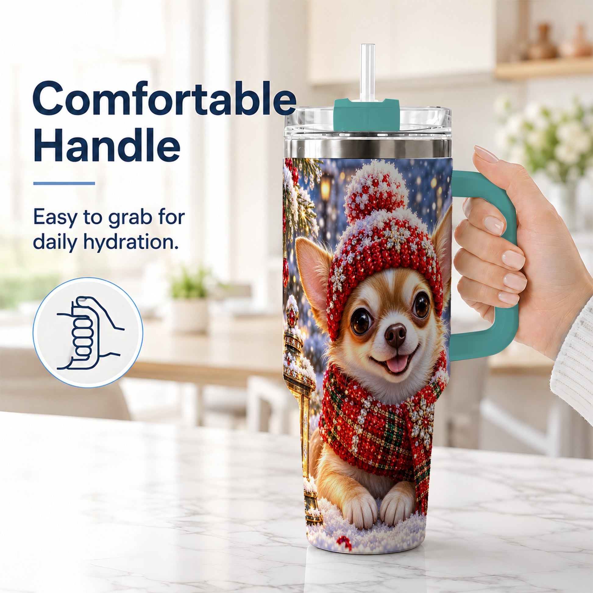 #pl[40oz|Green] Christmas Chihuahua 40oz Tumbler, Winter Dog Stainless Steel Travel Cup