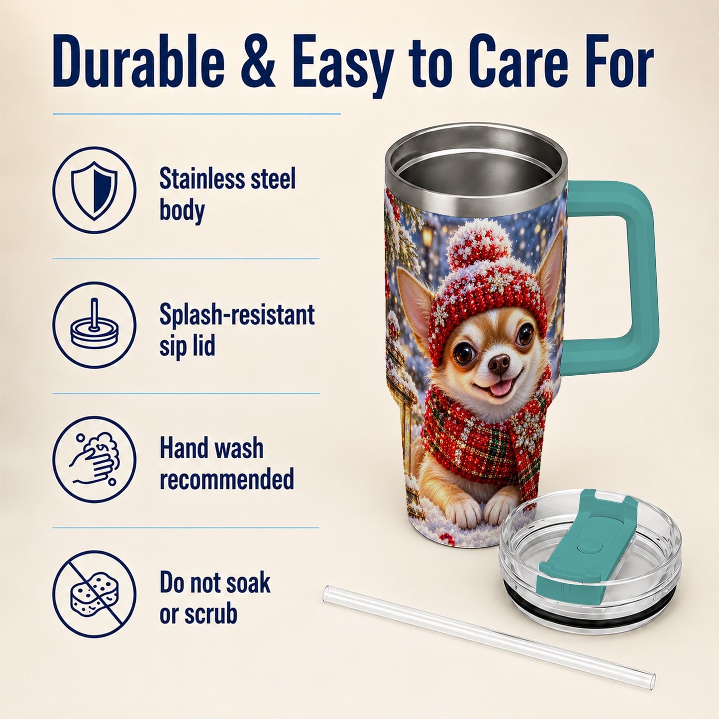 #pl[40oz|Green] Christmas Chihuahua 40oz Tumbler, Winter Dog Stainless Steel Travel Cup