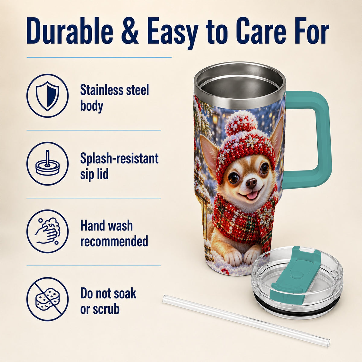 #pl[40oz|Green] Christmas Chihuahua 40oz Tumbler, Winter Dog Stainless Steel Travel Cup