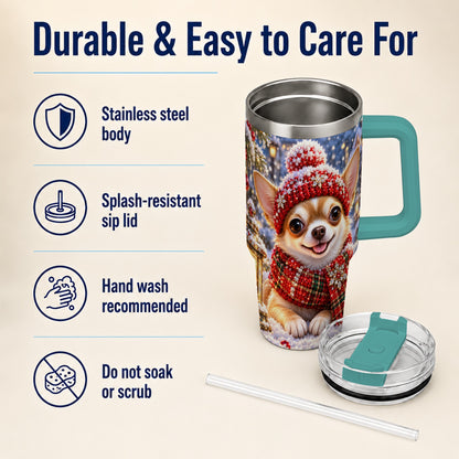 #pl[40oz|Green] Christmas Chihuahua 40oz Tumbler, Winter Dog Stainless Steel Travel Cup