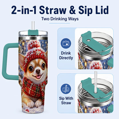 #pl[40oz|Green] Christmas Chihuahua 40oz Tumbler, Winter Dog Stainless Steel Travel Cup