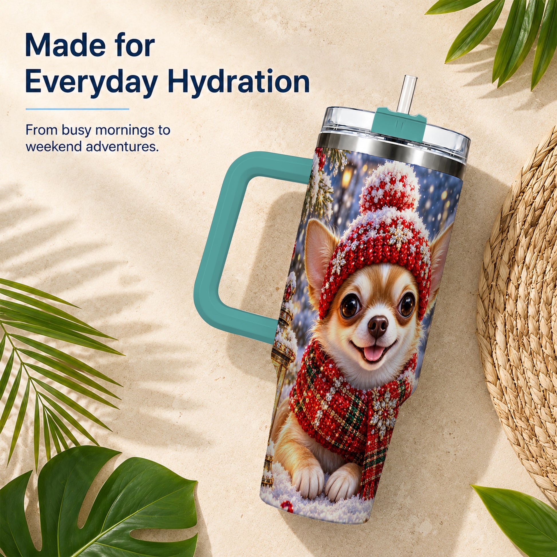 #pl[40oz|Green] Christmas Chihuahua 40oz Tumbler, Winter Dog Stainless Steel Travel Cup