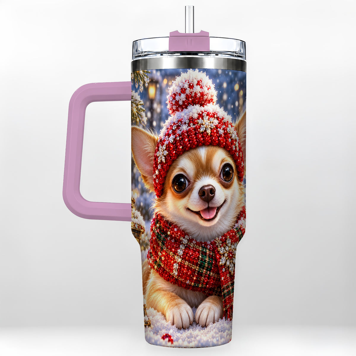 #pl[40oz|Pink] Christmas Chihuahua 40oz Tumbler, Winter Dog Stainless Steel Travel Cup