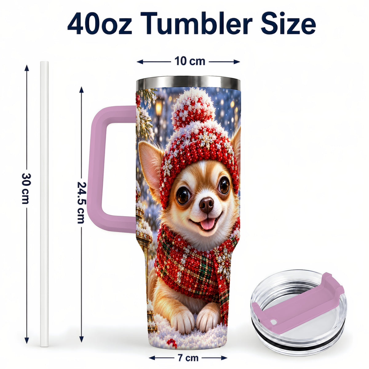 #pl[40oz|Pink] Christmas Chihuahua 40oz Tumbler, Winter Dog Stainless Steel Travel Cup
