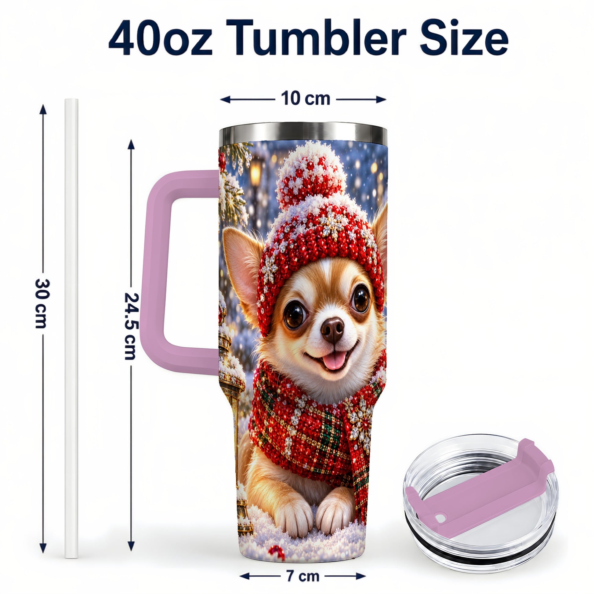 #pl[40oz|Pink] Christmas Chihuahua 40oz Tumbler, Winter Dog Stainless Steel Travel Cup