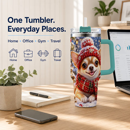 #pl[40oz|Green] Christmas Chihuahua 40oz Tumbler, Winter Dog Stainless Steel Travel Cup
