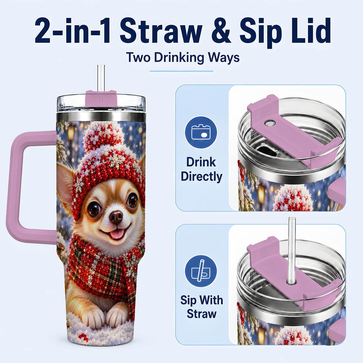#pl[40oz|Pink] Christmas Chihuahua 40oz Tumbler, Winter Dog Stainless Steel Travel Cup