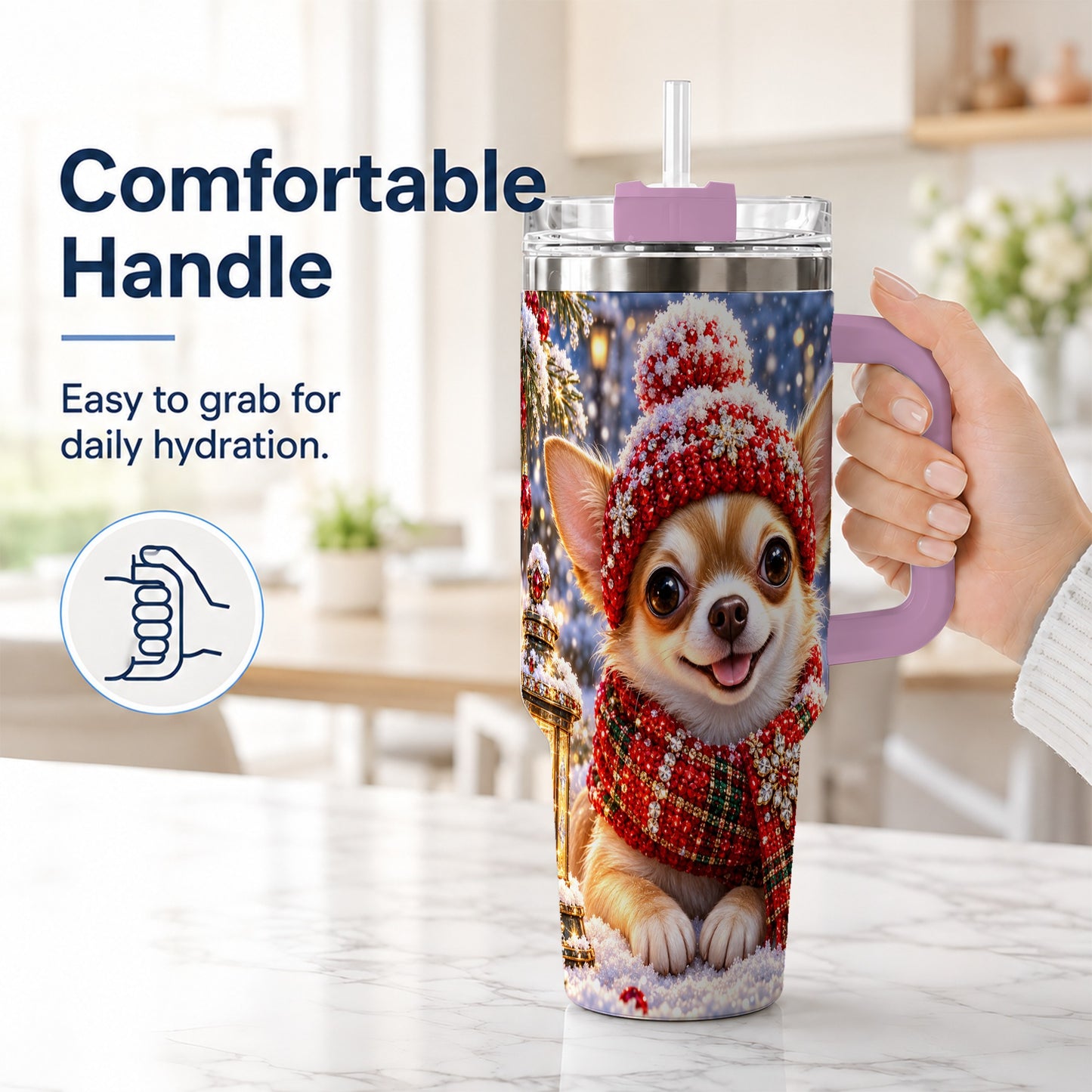 #pl[40oz|Pink] Christmas Chihuahua 40oz Tumbler, Winter Dog Stainless Steel Travel Cup