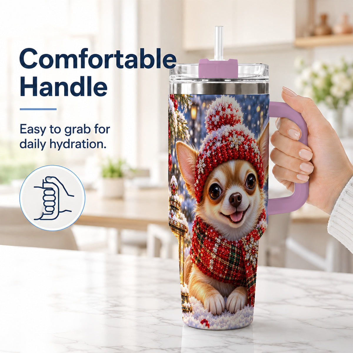 #pl[40oz|Pink] Christmas Chihuahua 40oz Tumbler, Winter Dog Stainless Steel Travel Cup