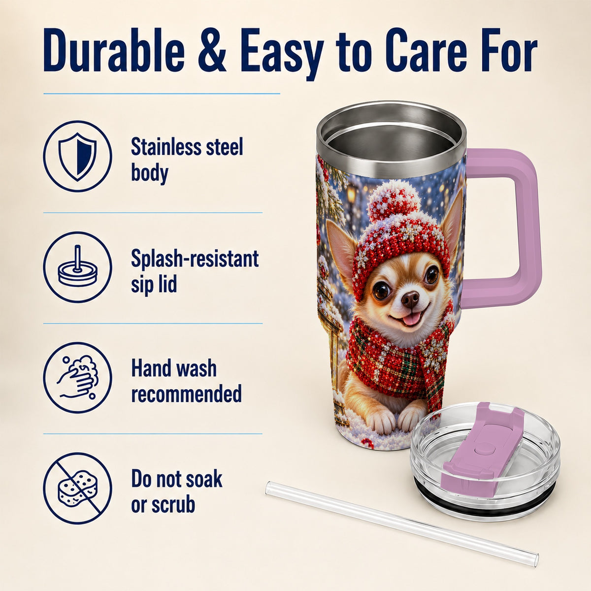 #pl[40oz|Pink] Christmas Chihuahua 40oz Tumbler, Winter Dog Stainless Steel Travel Cup