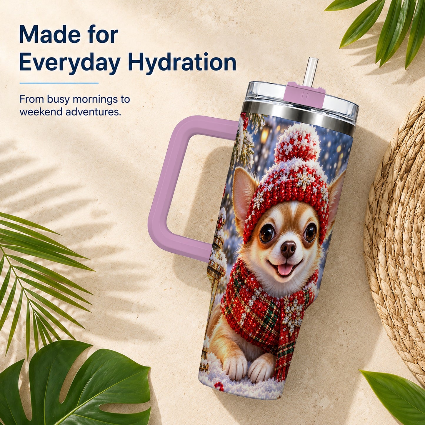 #pl[40oz|Pink] Christmas Chihuahua 40oz Tumbler, Winter Dog Stainless Steel Travel Cup