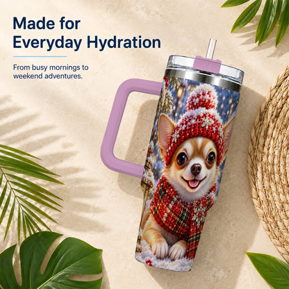 #pl[40oz|Pink] Christmas Chihuahua 40oz Tumbler, Winter Dog Stainless Steel Travel Cup