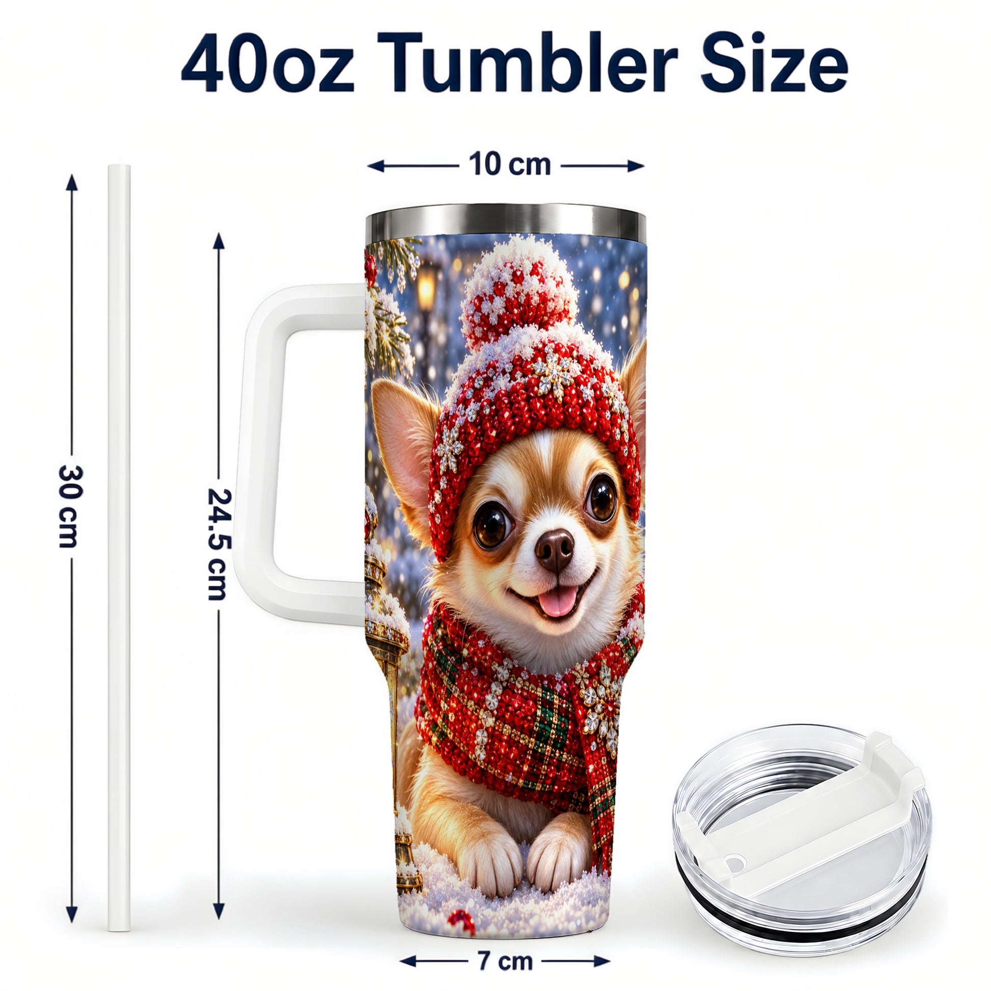 #pl[40oz|White] Christmas Chihuahua 40oz Tumbler, Winter Dog Stainless Steel Travel Cup