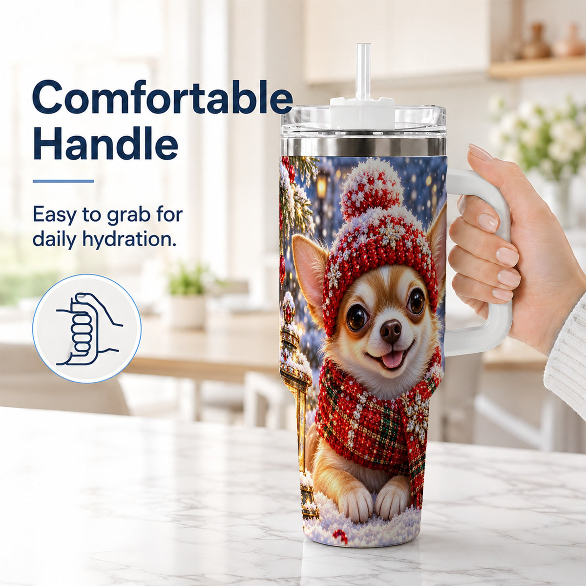 #pl[40oz|White] Christmas Chihuahua 40oz Tumbler, Winter Dog Stainless Steel Travel Cup