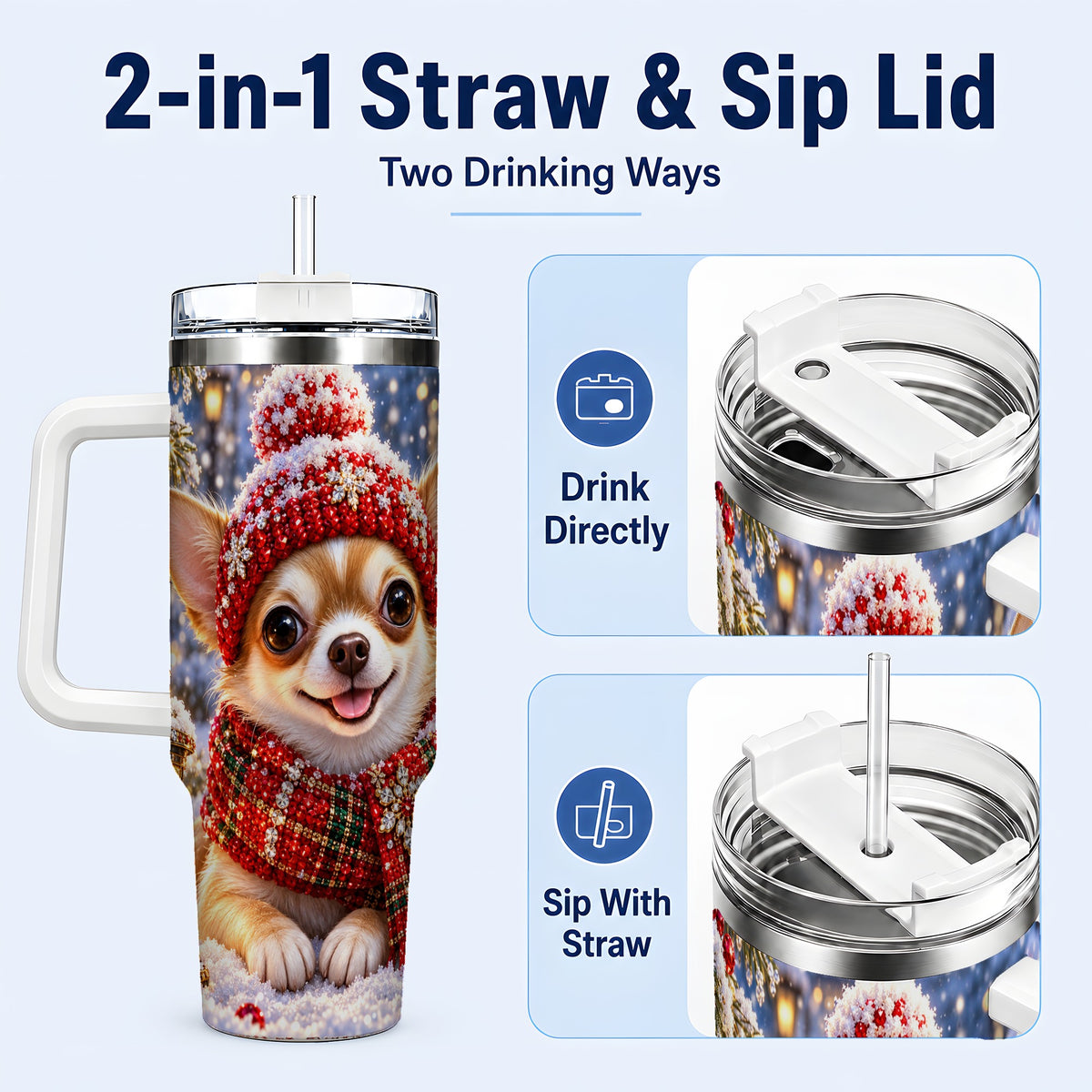 #pl[40oz|White] Christmas Chihuahua 40oz Tumbler, Winter Dog Stainless Steel Travel Cup