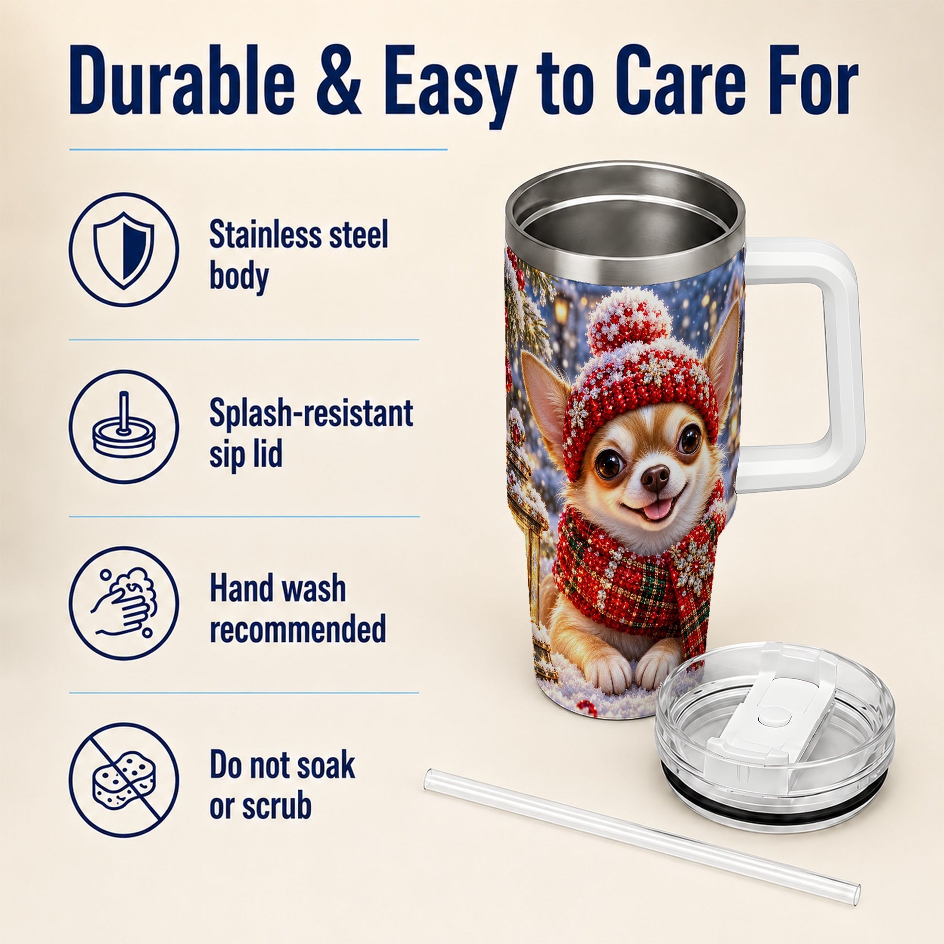 #pl[40oz|White] Christmas Chihuahua 40oz Tumbler, Winter Dog Stainless Steel Travel Cup