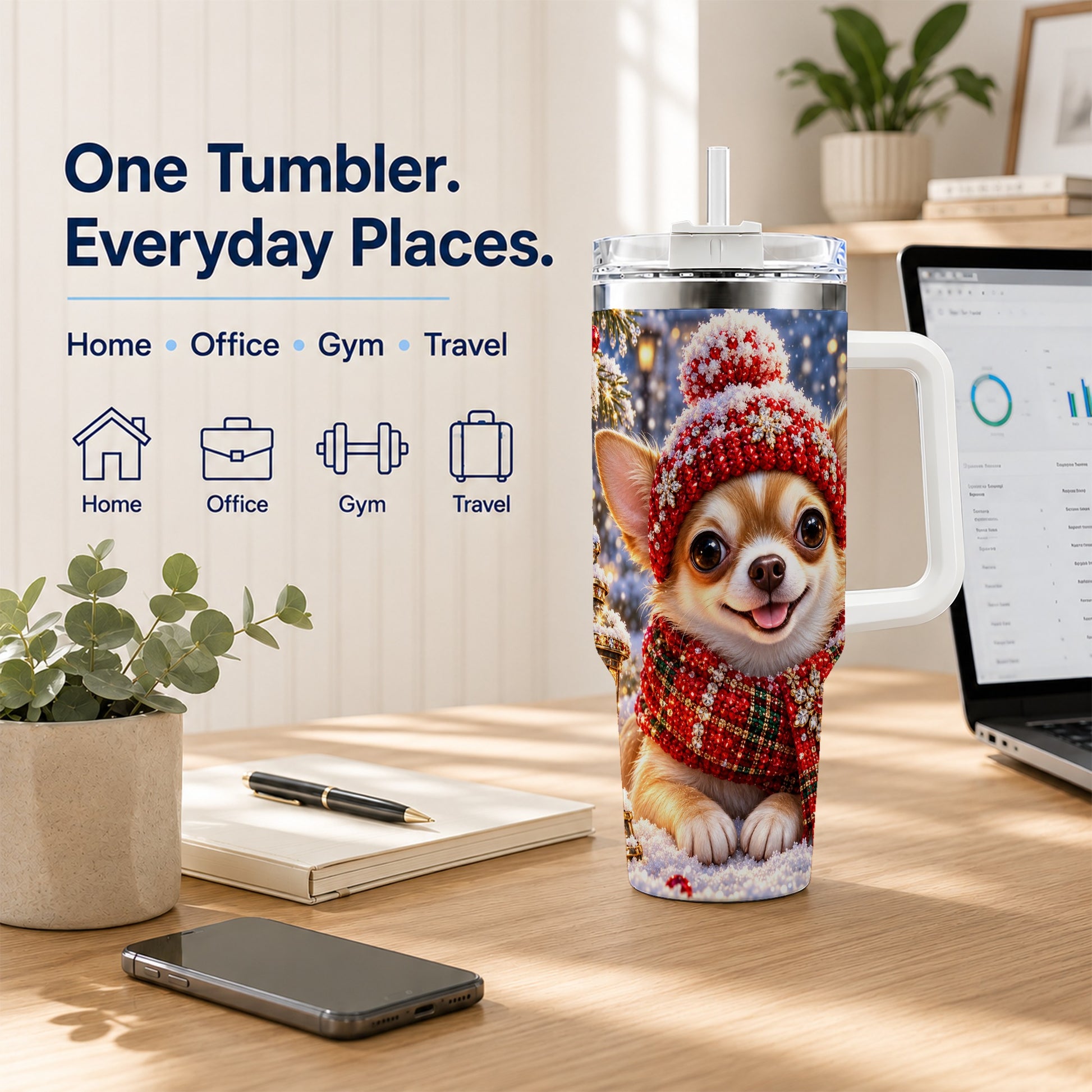 #pl[40oz|White] Christmas Chihuahua 40oz Tumbler, Winter Dog Stainless Steel Travel Cup