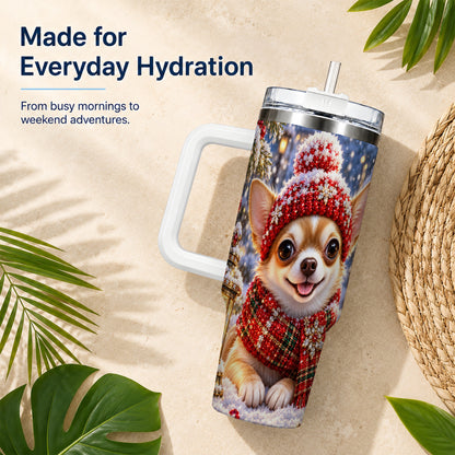 #pl[40oz|White] Christmas Chihuahua 40oz Tumbler, Winter Dog Stainless Steel Travel Cup