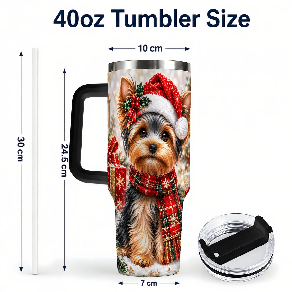 #pl[40oz|Black] Christmas Yorkie 40oz Tumbler, Santa Dog Stainless Steel Travel Cup
