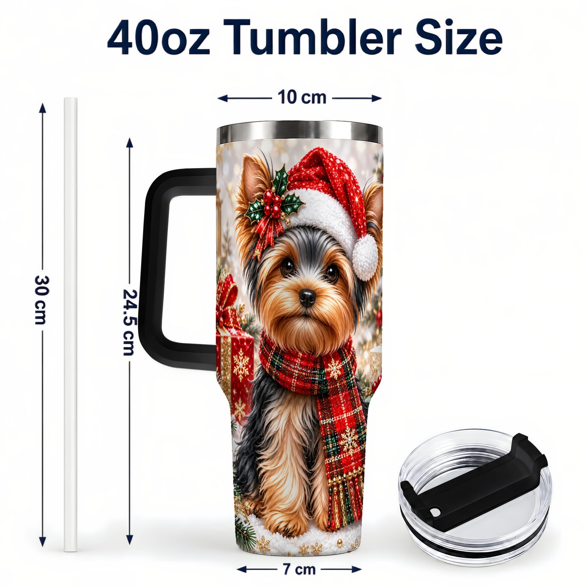 #pl[40oz|Black] Christmas Yorkie 40oz Tumbler, Santa Dog Stainless Steel Travel Cup