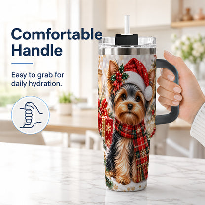 #pl[40oz|Black] Christmas Yorkie 40oz Tumbler, Santa Dog Stainless Steel Travel Cup
