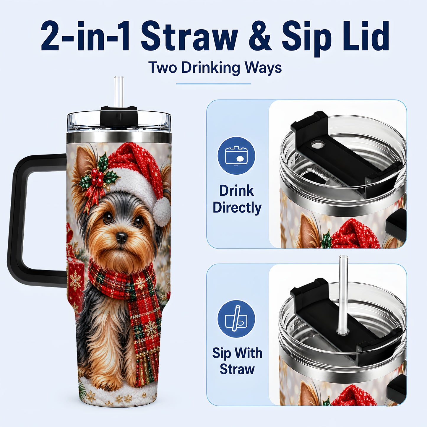 #pl[40oz|Black] Christmas Yorkie 40oz Tumbler, Santa Dog Stainless Steel Travel Cup