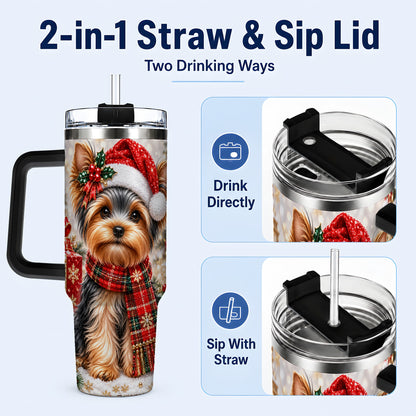 #pl[40oz|Black] Christmas Yorkie 40oz Tumbler, Santa Dog Stainless Steel Travel Cup