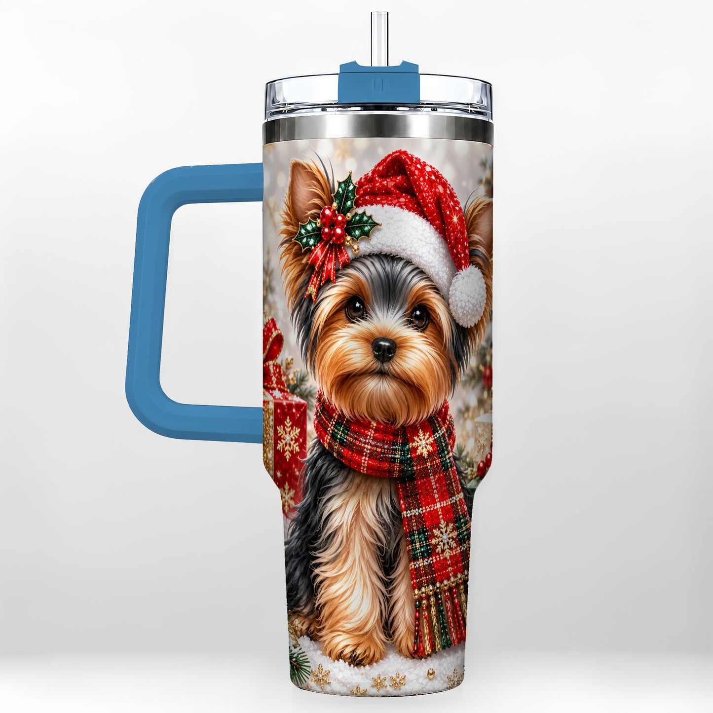 #pl[40oz|Blue] Christmas Yorkie 40oz Tumbler, Santa Dog Stainless Steel Travel Cup