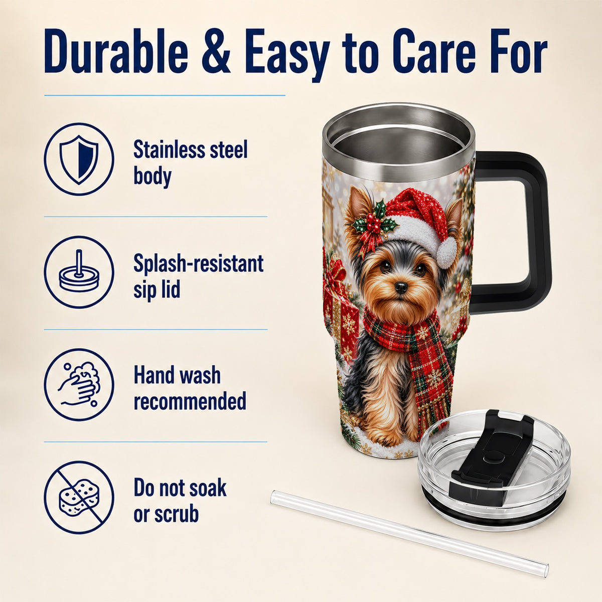 #pl[40oz|Black] Christmas Yorkie 40oz Tumbler, Santa Dog Stainless Steel Travel Cup