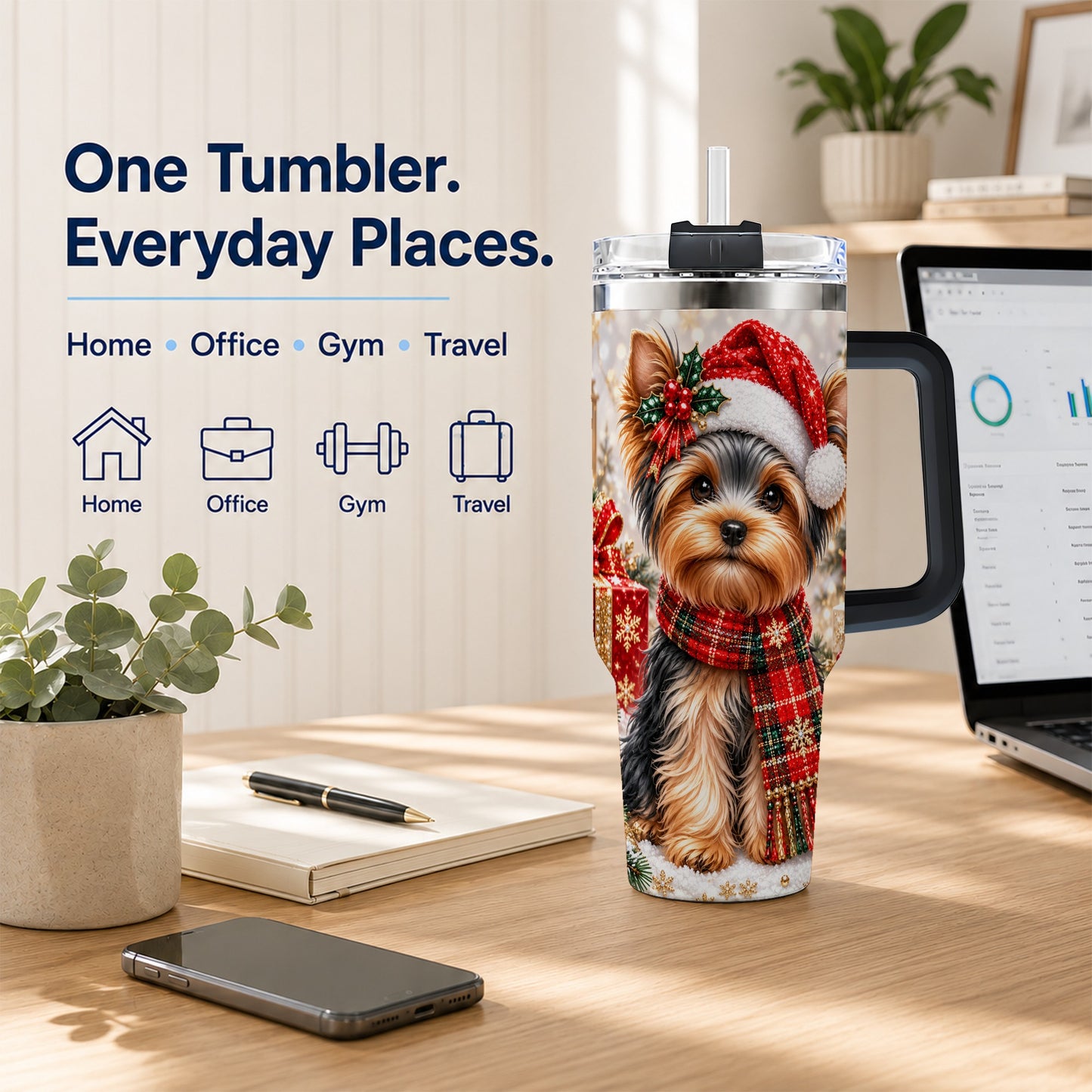 #pl[40oz|Black] Christmas Yorkie 40oz Tumbler, Santa Dog Stainless Steel Travel Cup