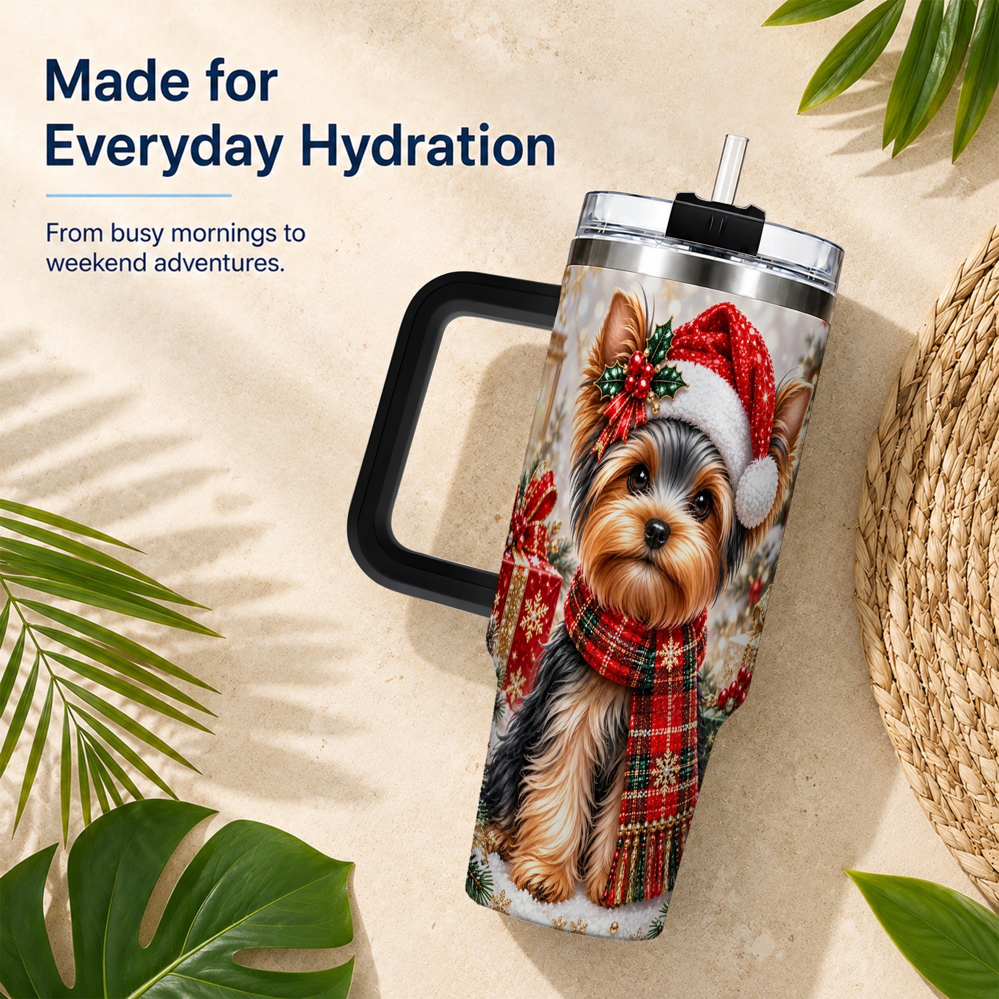 #pl[40oz|Black] Christmas Yorkie 40oz Tumbler, Santa Dog Stainless Steel Travel Cup